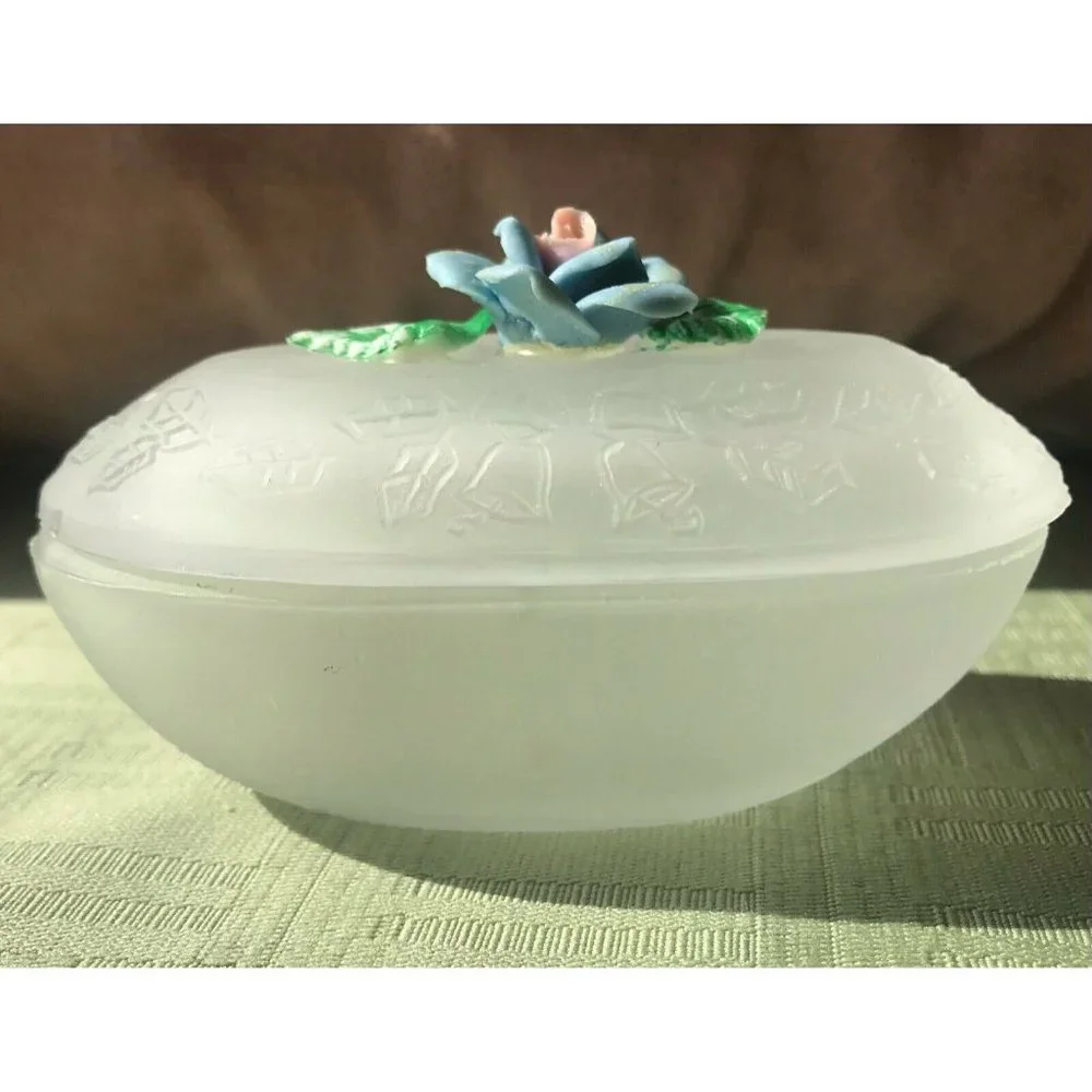 Vintage Frosted Etched Glass Egg Trinket Box Floral Jewelry Vanity Decor